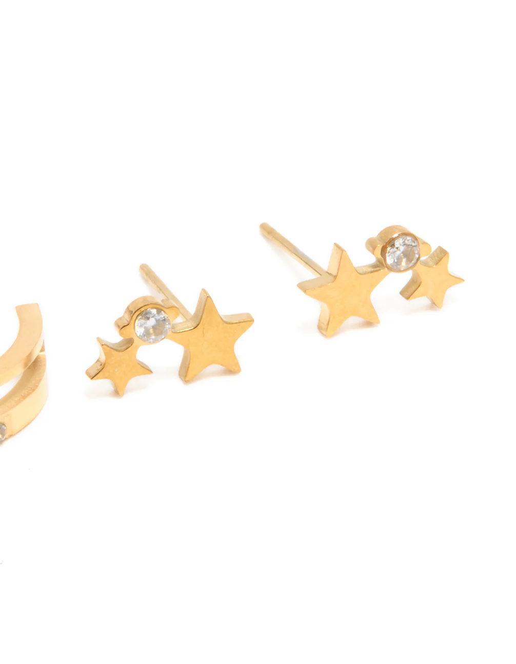 Waterproof Gold Plated Stainless Steel Cubic Zirconia Celestial Stud Earrings 3-Pack - Image 3