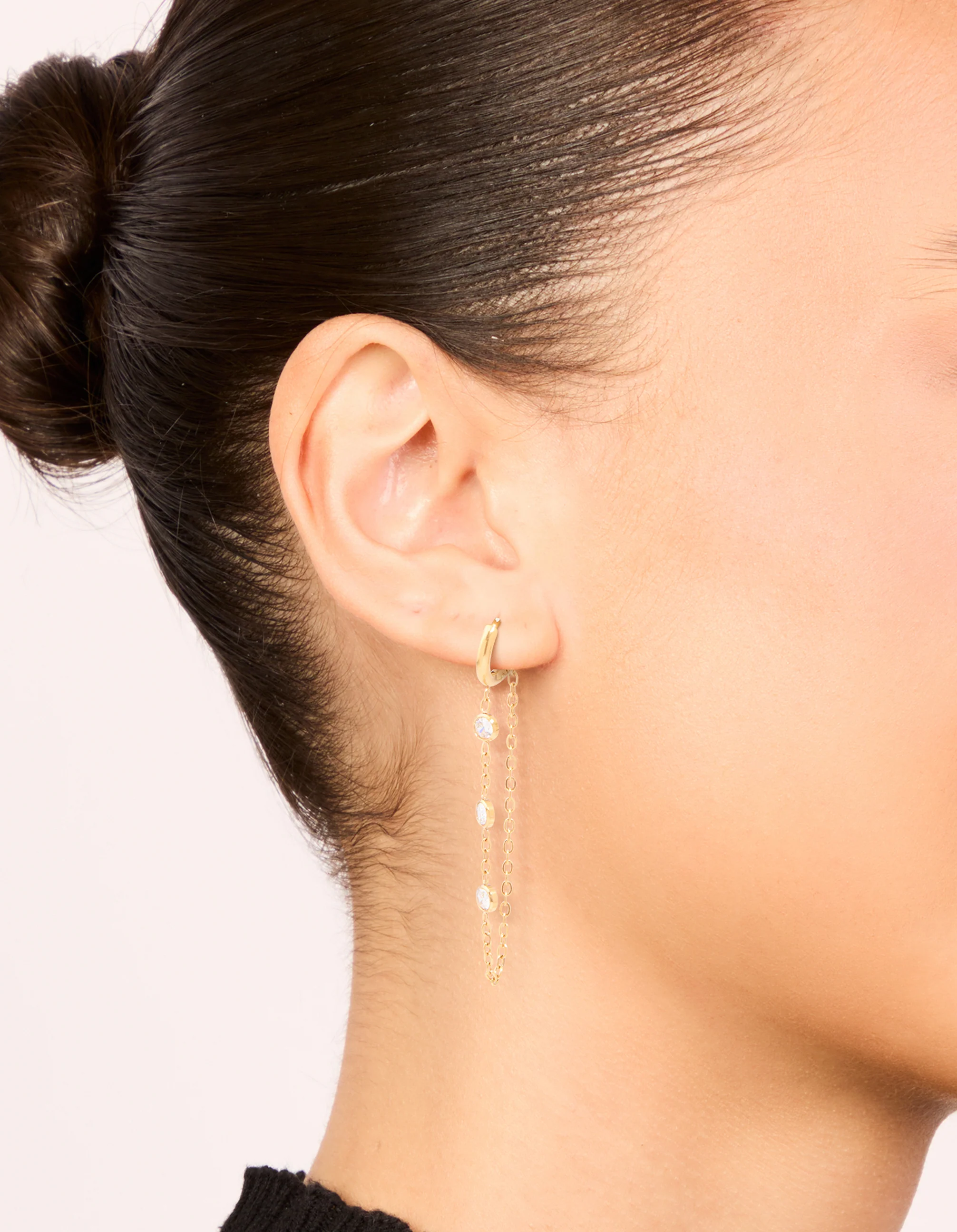 Waterproof Gold Plated Stainless Steel Cubic Zirconia Chain Huggie Drop Earrings - Image 2