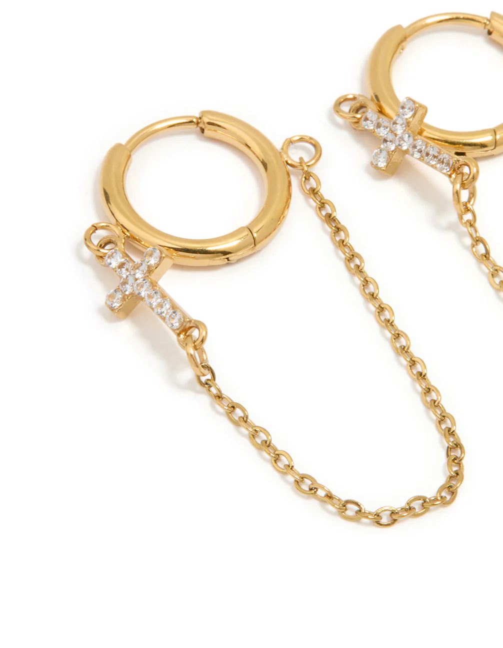 Waterproof Gold Plated Stainless Steel Cubic Zirconia Chain Huggie Earrings 2-Pack - Image 4
