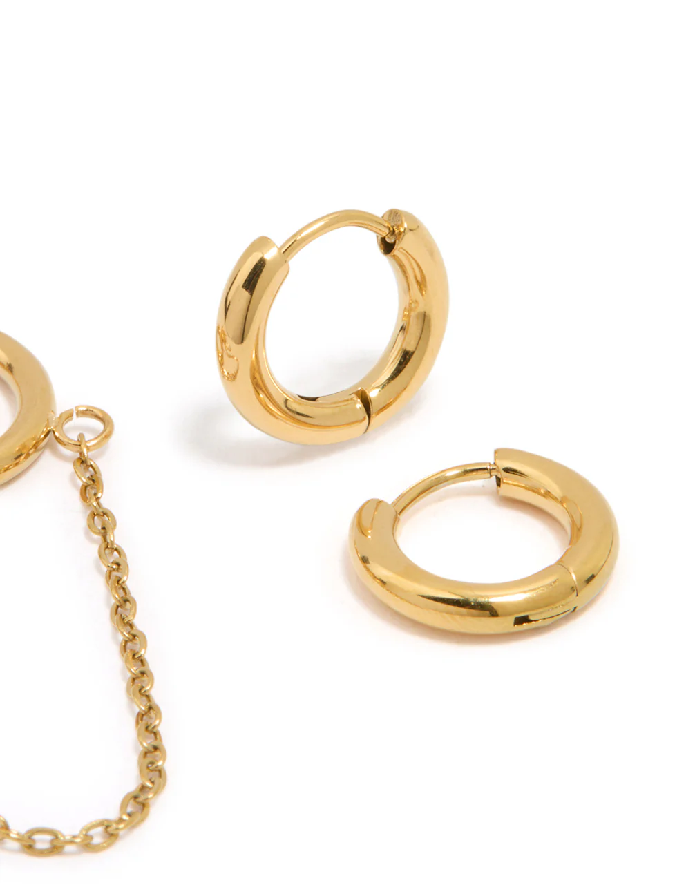 Waterproof Gold Plated Stainless Steel Cubic Zirconia Chain Huggie Earrings 2-Pack - Image 5