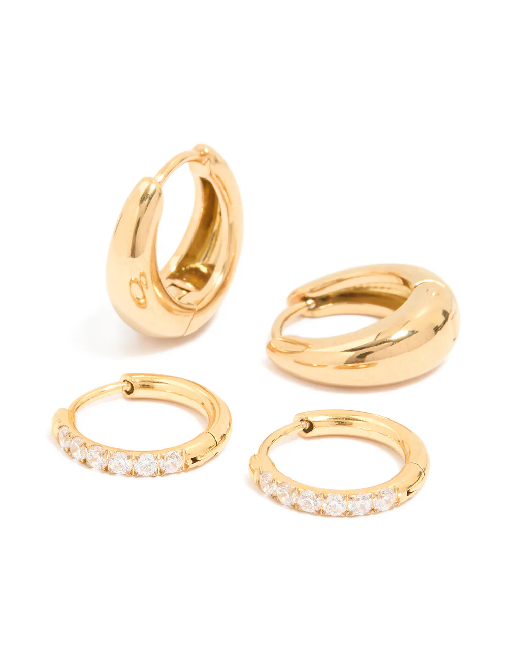 Waterproof Gold Plated Stainless Steel Cubic Zirconia & Chubby Huggie Earrings Set - Image 2