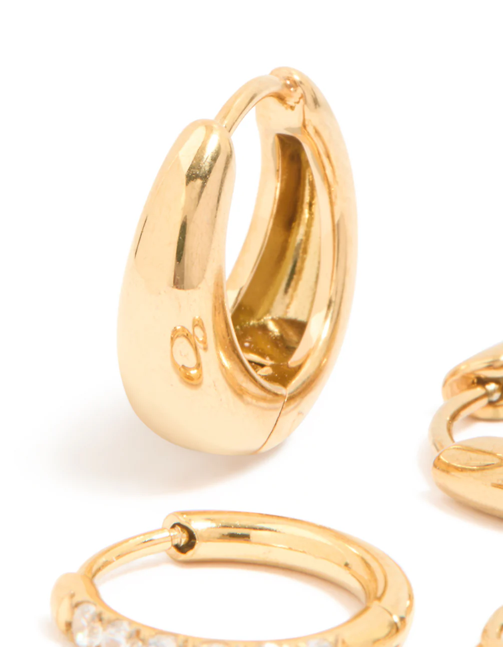 Waterproof Gold Plated Stainless Steel Cubic Zirconia & Chubby Huggie Earrings Set - Image 4