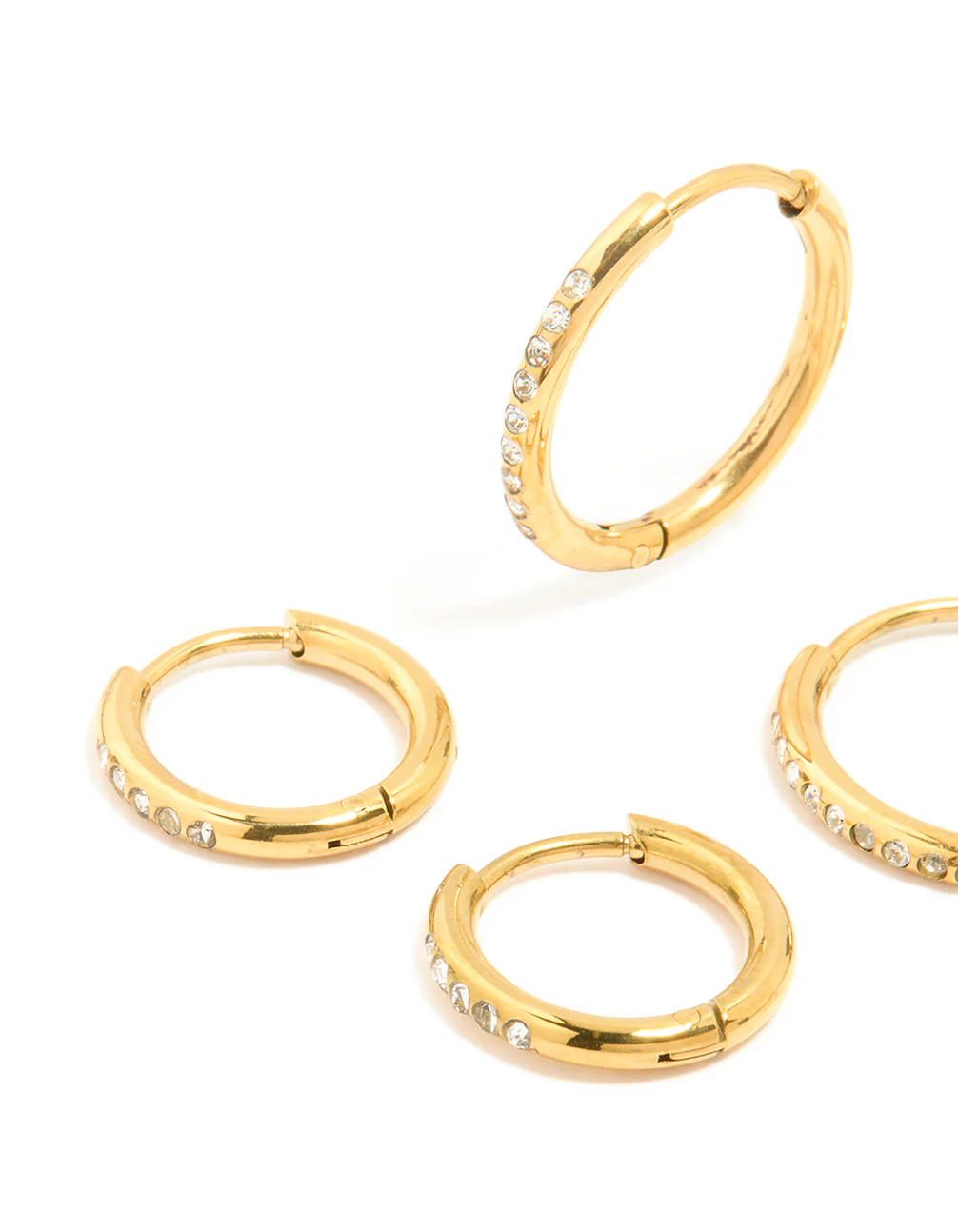 Waterproof Gold Plated Stainless Steel Cubic Zirconia Clicker Hoops 3-Pack - Image 2