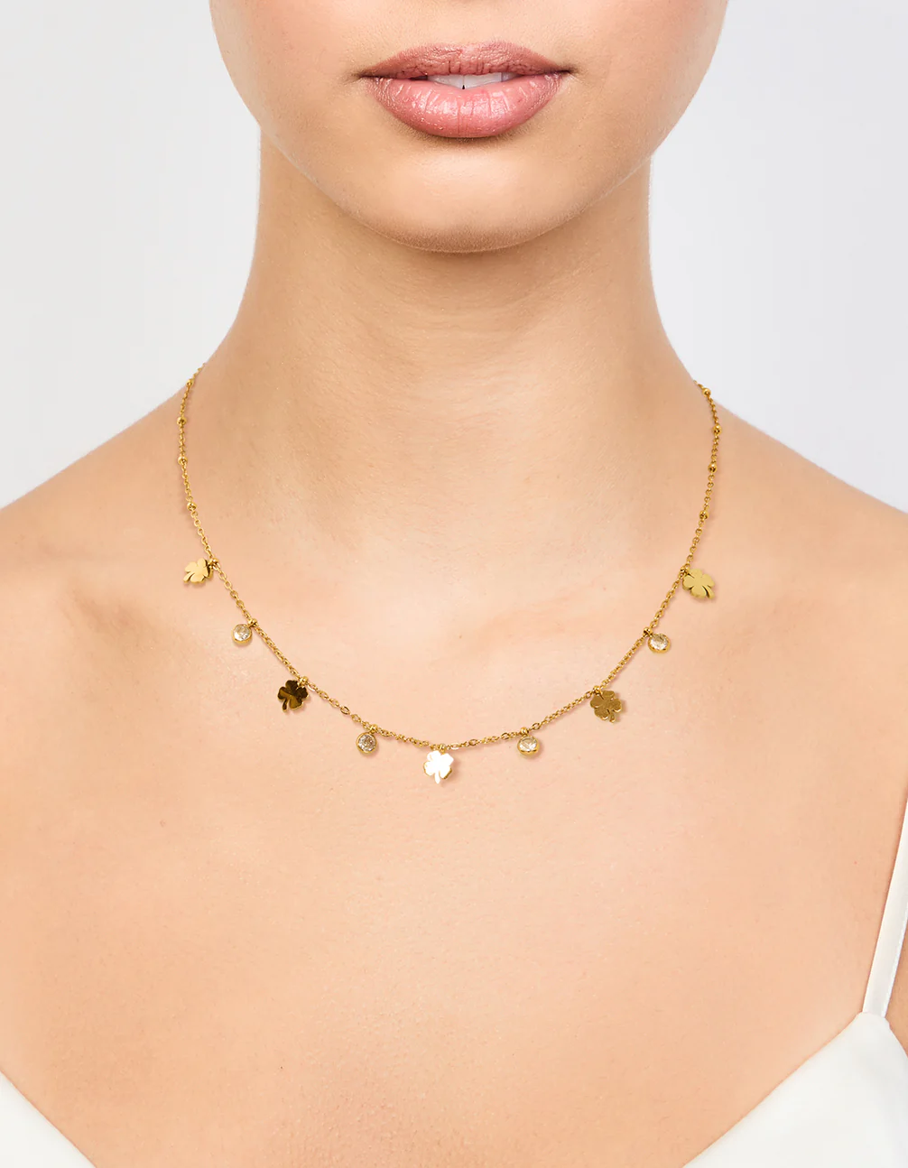 Waterproof Gold Plated Stainless Steel Cubic Zirconia Clover Pendant Necklace - Image 2