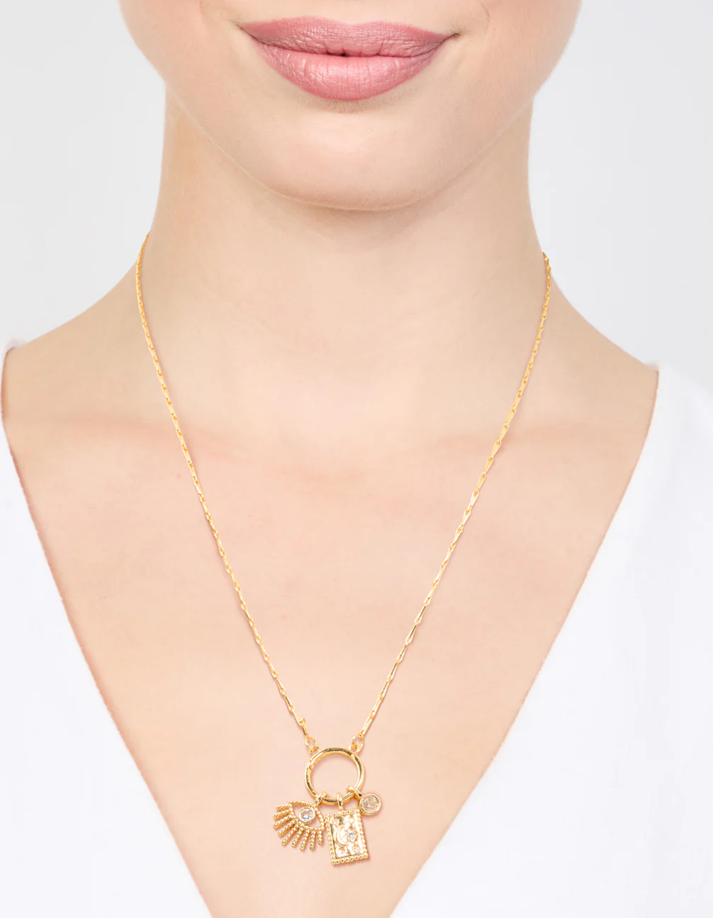 Waterproof Gold Plated Stainless Steel Cubic Zirconia Cluster Charm Hoop Necklace - Image 2