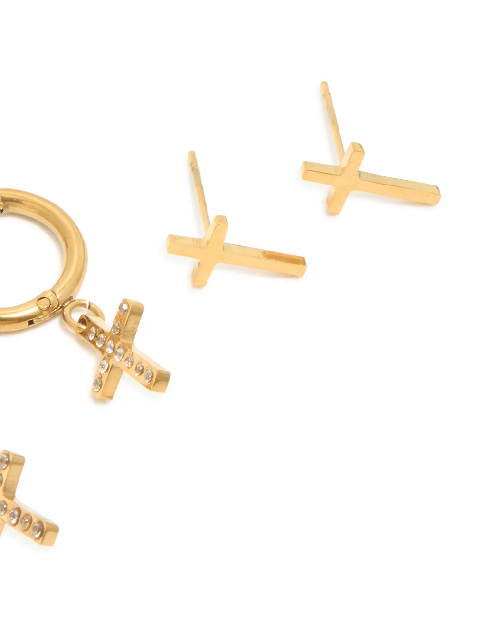 Waterproof Gold Plated Stainless Steel Cubic Zirconia Cross Stacker Earrings 4-Pack - Image 3