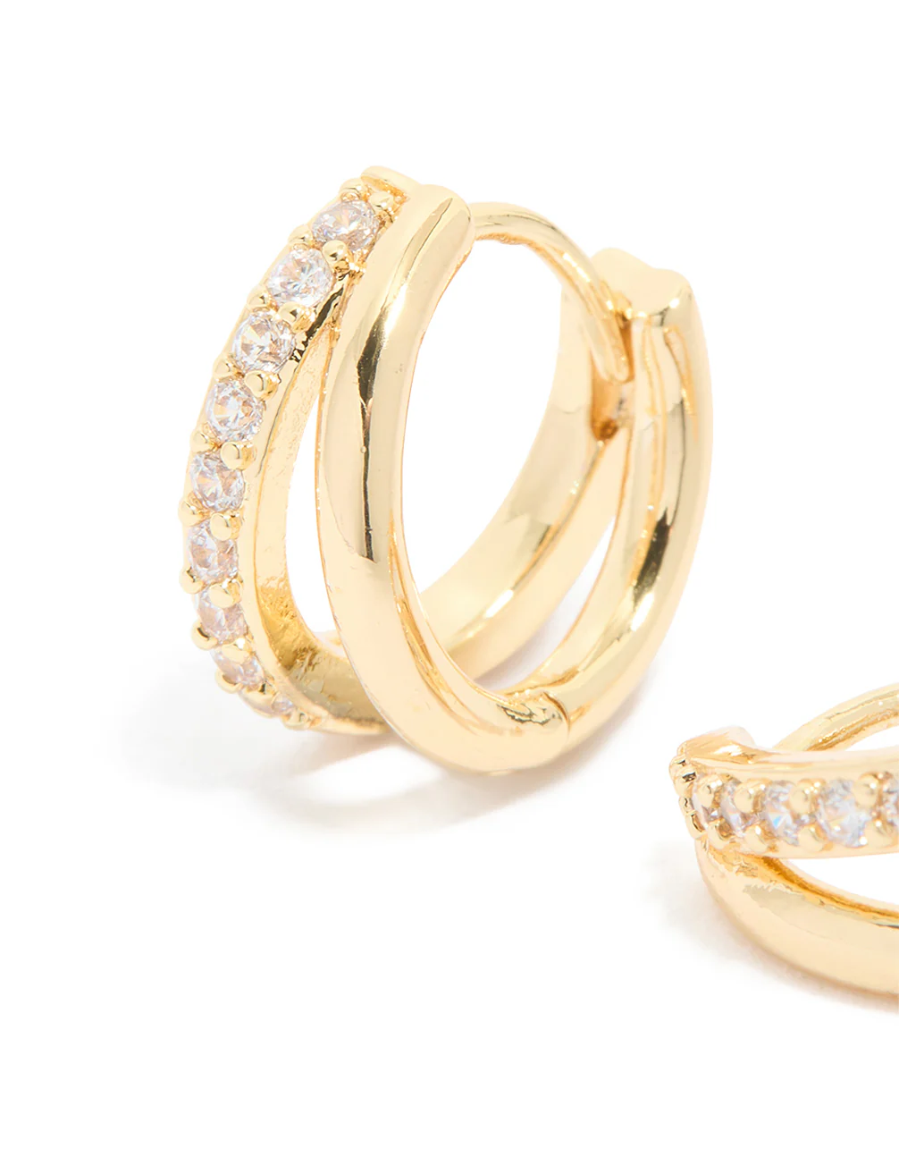 Waterproof Gold Plated Stainless Steel Cubic Zirconia & Double Row Huggie Earrings - Image 3