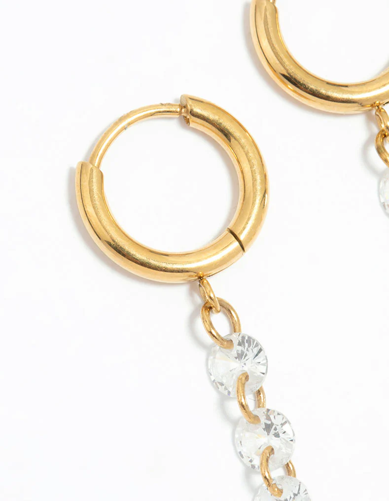 Waterproof Gold Plated Stainless Steel Cubic Zirconia Droplet Huggie Earrings - Image 4