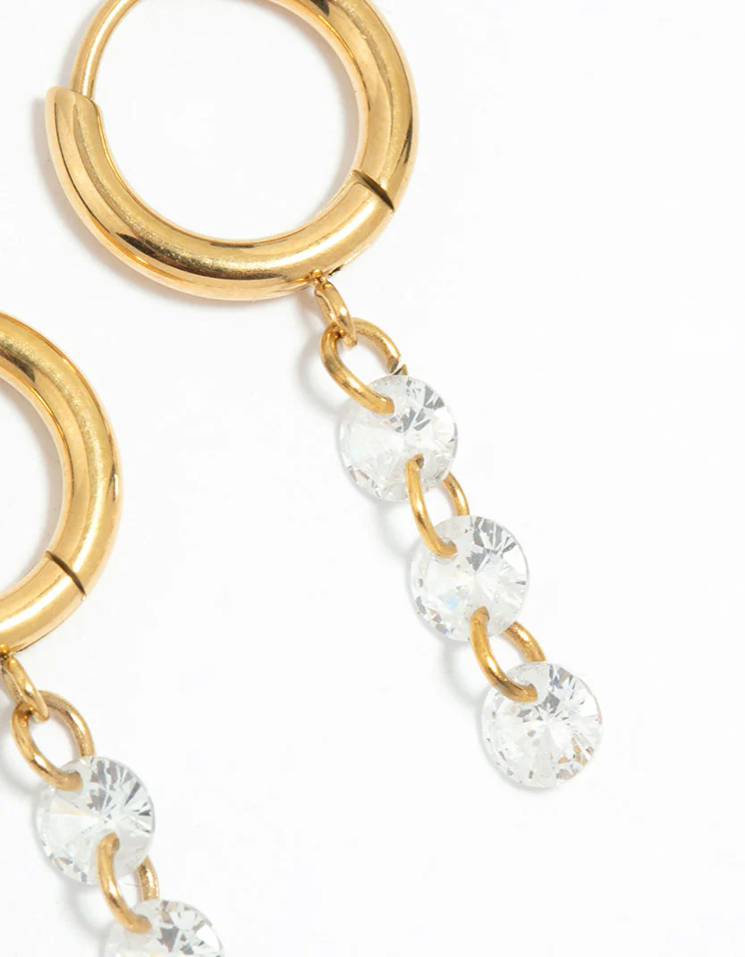 Waterproof Gold Plated Stainless Steel Cubic Zirconia Droplet Huggie Earrings - Image 5