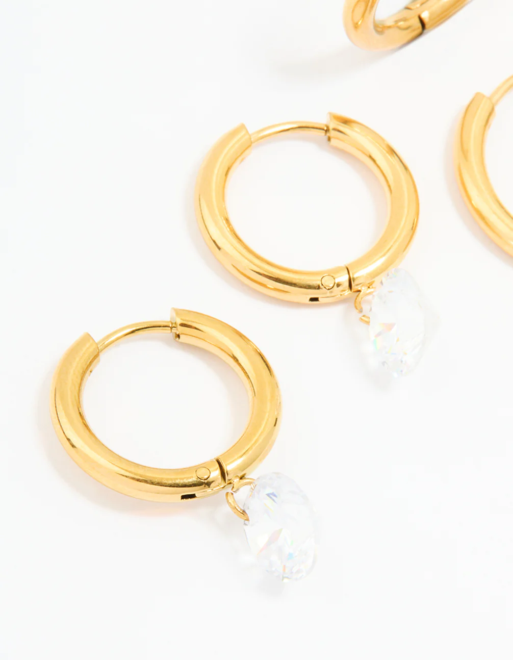 Waterproof Gold Plated Stainless Steel Cubic Zirconia Droplet & Sleek Hoop Earrings 2-Pack - Image 4