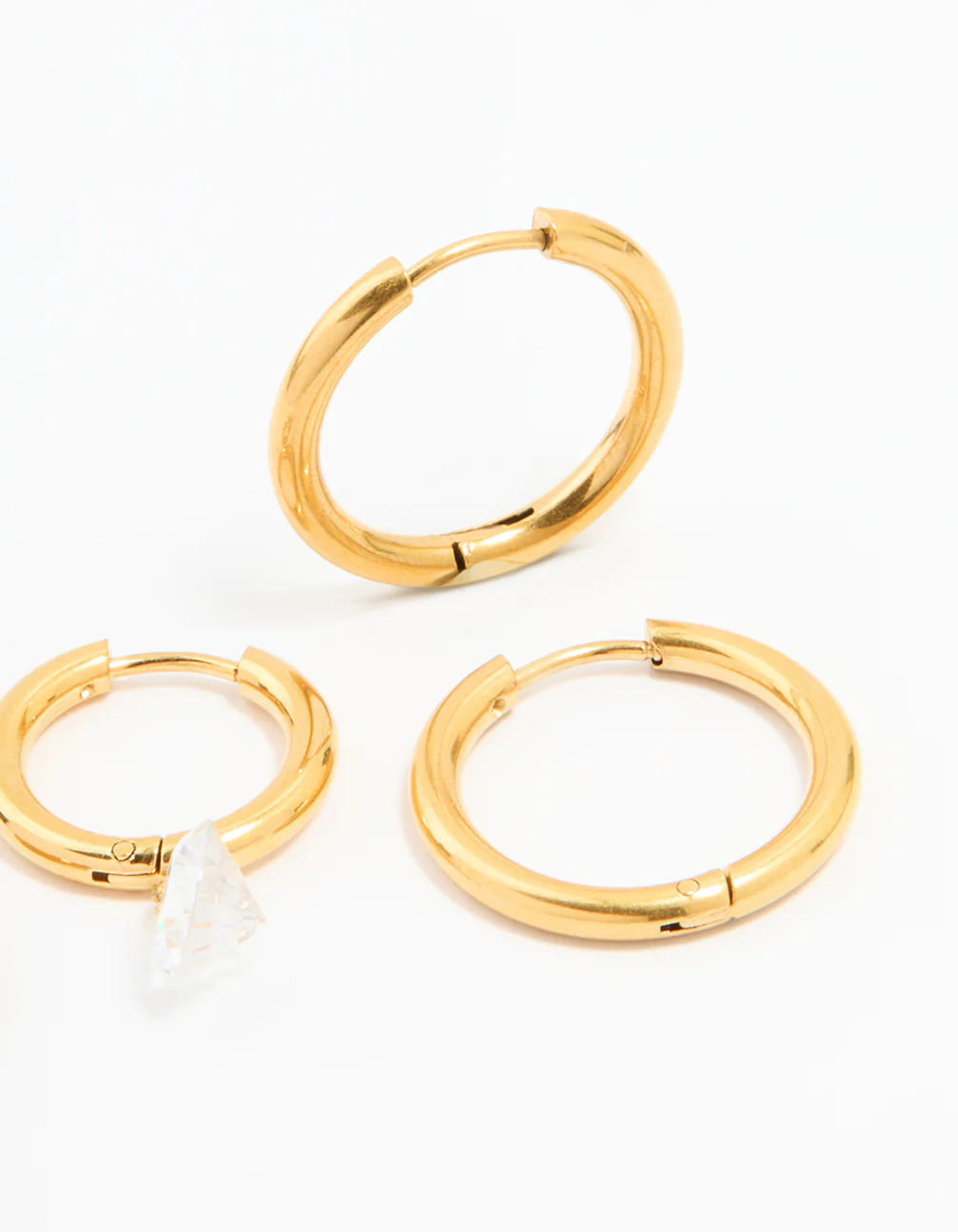 Waterproof Gold Plated Stainless Steel Cubic Zirconia Droplet & Sleek Hoop Earrings 2-Pack - Image 5