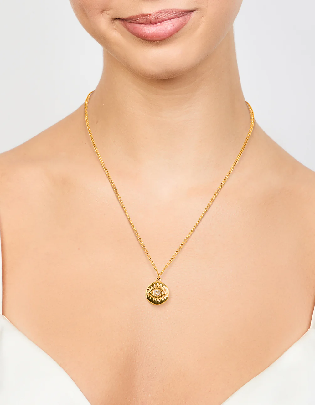 Waterproof Gold Plated Stainless Steel Cubic Zirconia Evil Eye Pendant Necklace - Image 2