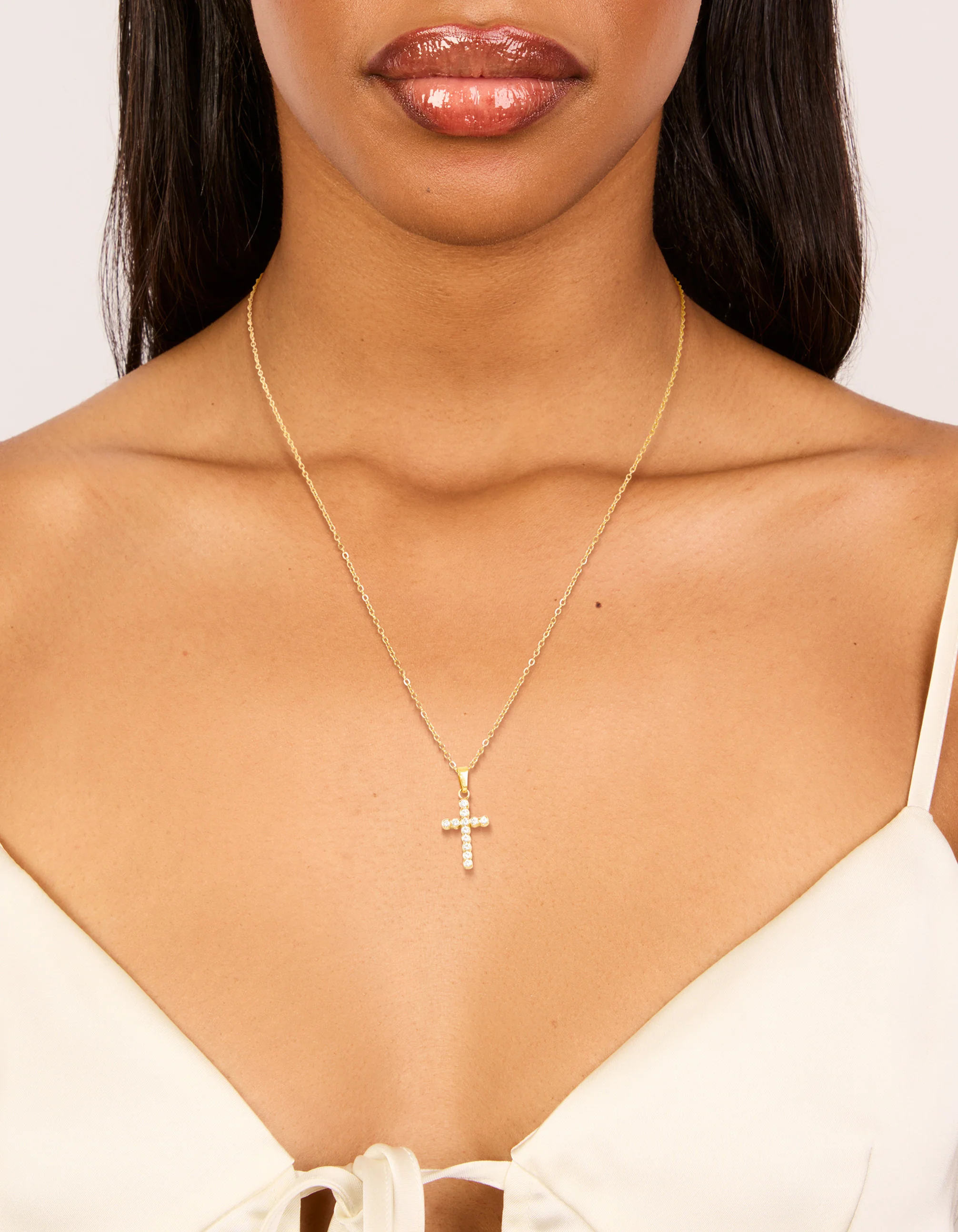 Waterproof Gold Plated Stainless Steel Cubic Zirconia Fine Cross Necklace - Image 2