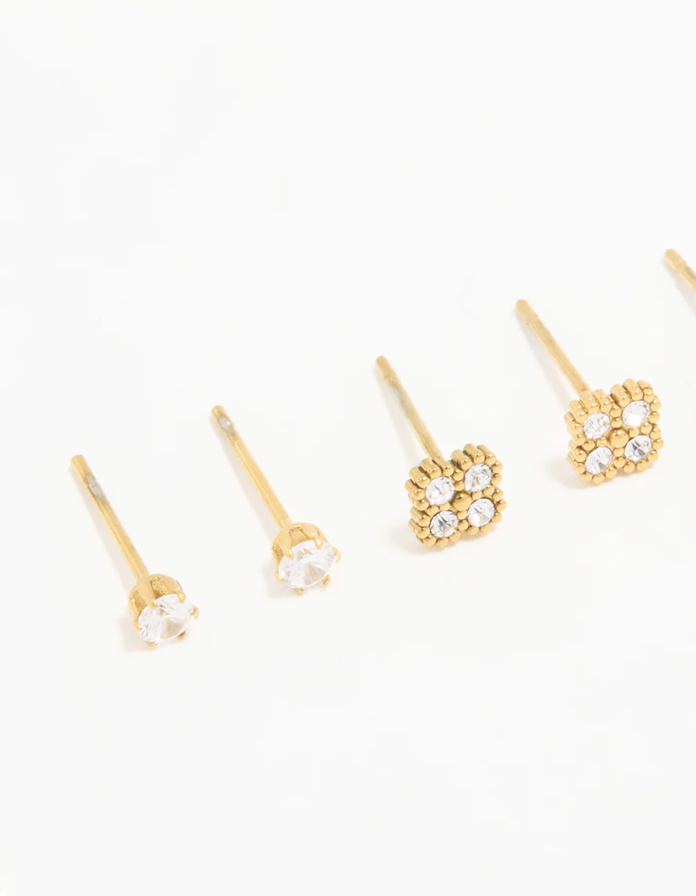 Waterproof Gold Plated Stainless Steel Cubic Zirconia Flower & Classic Stud Earrings 4-Pack - Image 2