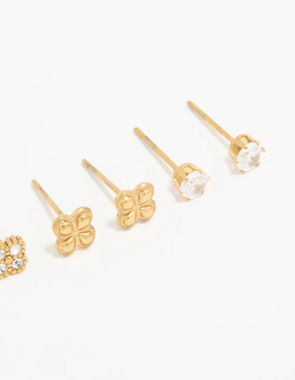 Waterproof Gold Plated Stainless Steel Cubic Zirconia Flower & Classic Stud Earrings 4-Pack - Image 3