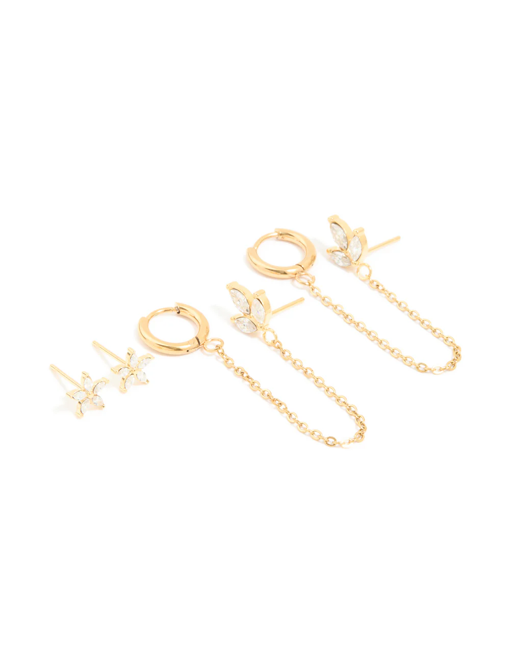 Waterproof Gold Plated Stainless Steel Cubic Zirconia Flower Hoop Chain & Flower Ear Stackers 2-Pack - Image 2