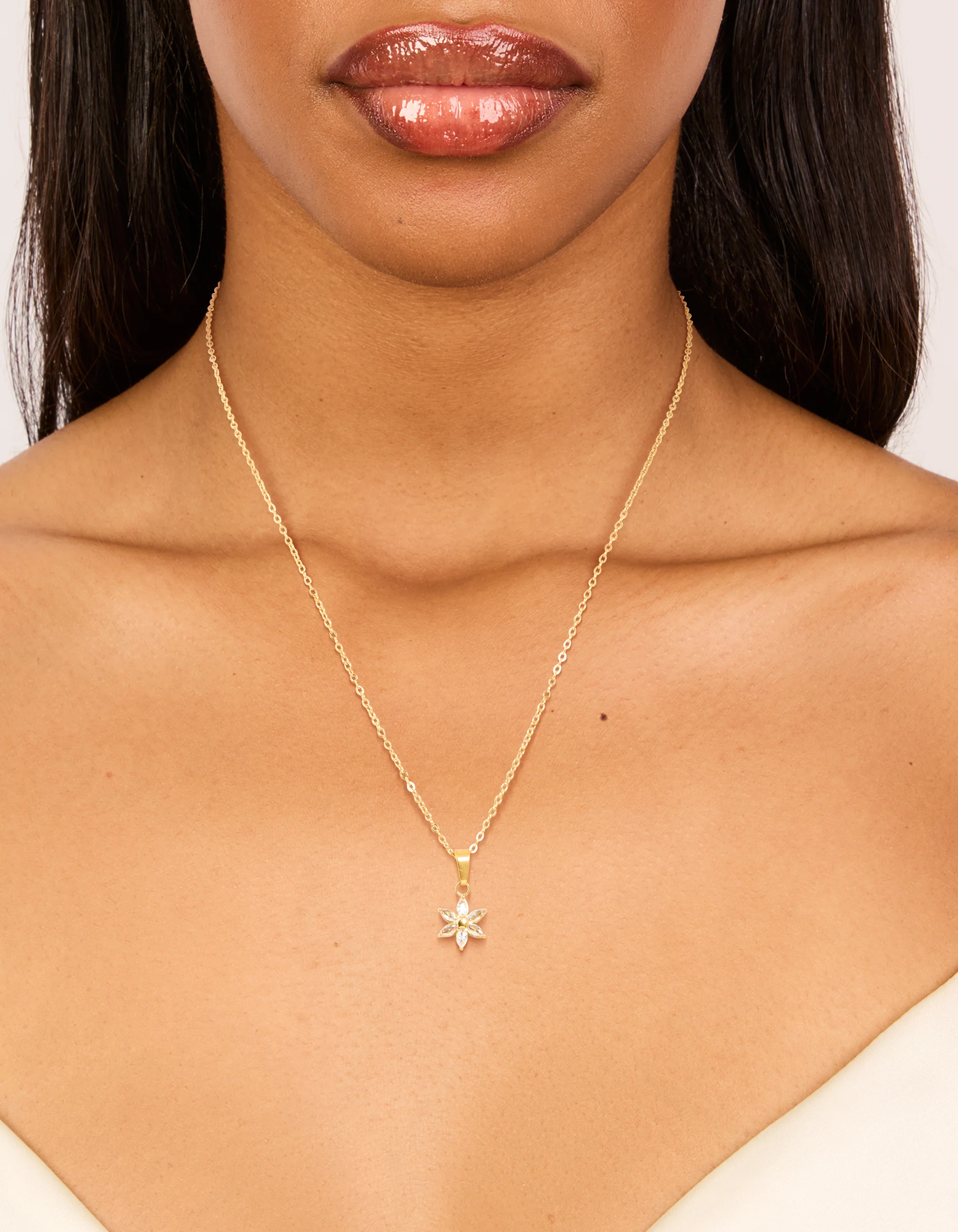Waterproof Gold Plated Stainless Steel Cubic Zirconia Flower Pendant Necklace - Image 2