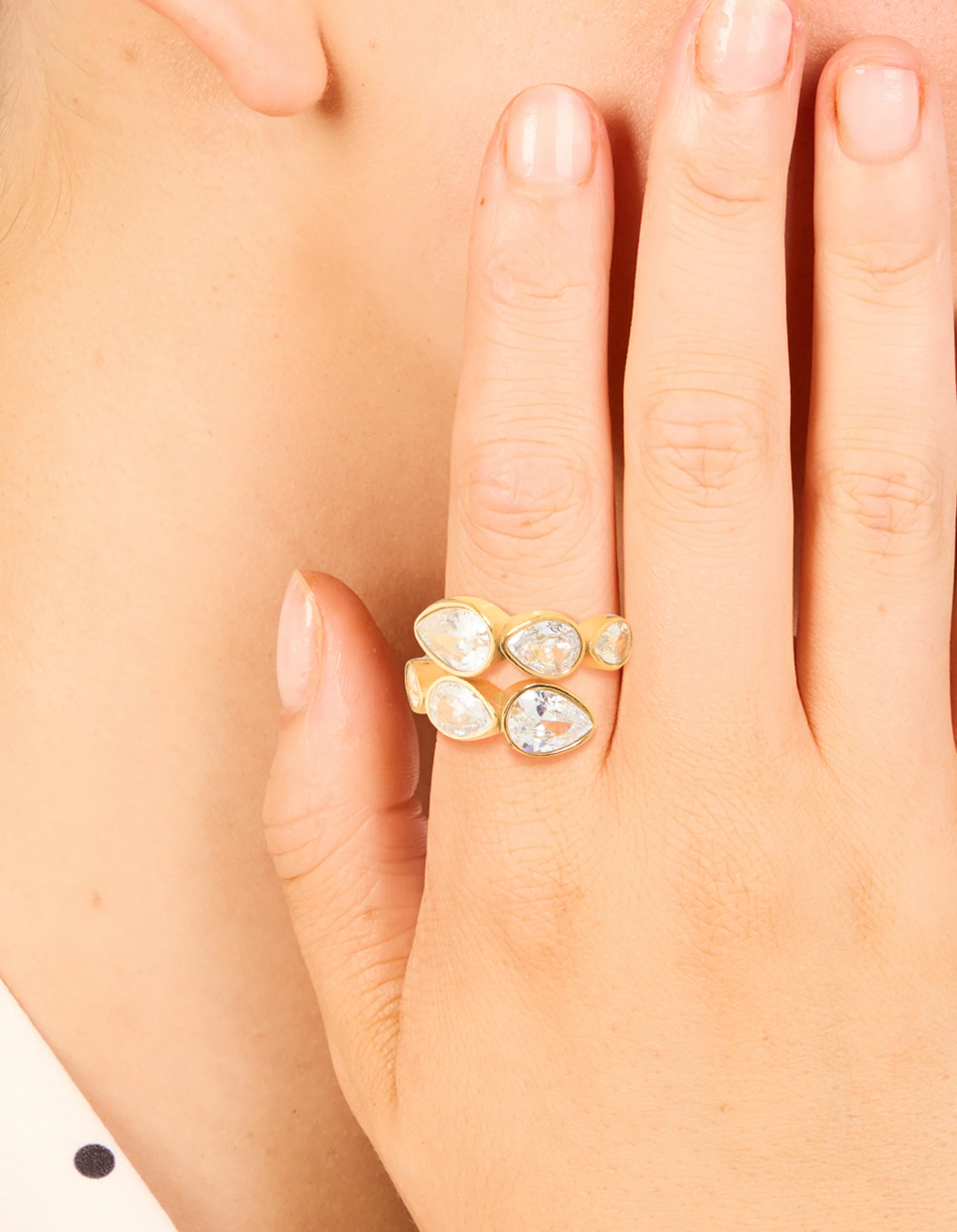 Waterproof Gold Plated Stainless Steel Cubic Zirconia Graduating Pear Wrap Ring - Image 4