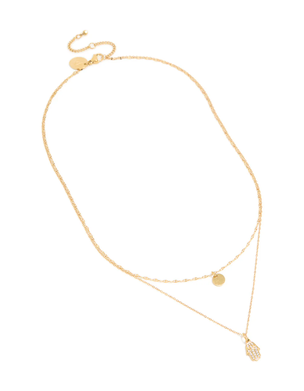 Waterproof Gold Plated Stainless Steel Cubic Zirconia Hamsa Hand & Disc Layered Necklace - Image 2