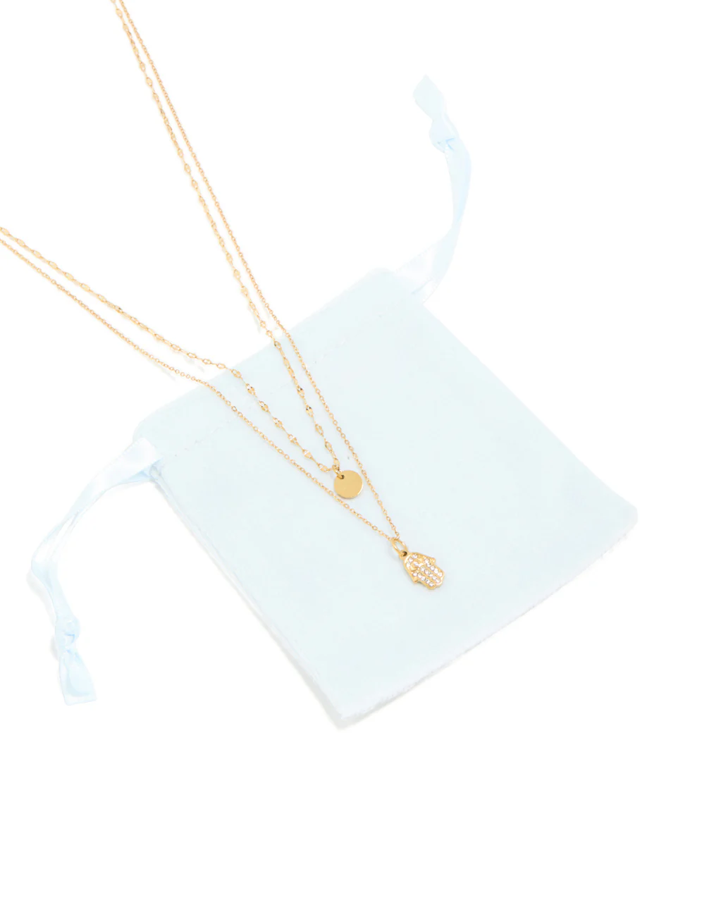 Waterproof Gold Plated Stainless Steel Cubic Zirconia Hamsa Hand & Disc Layered Necklace - Image 3
