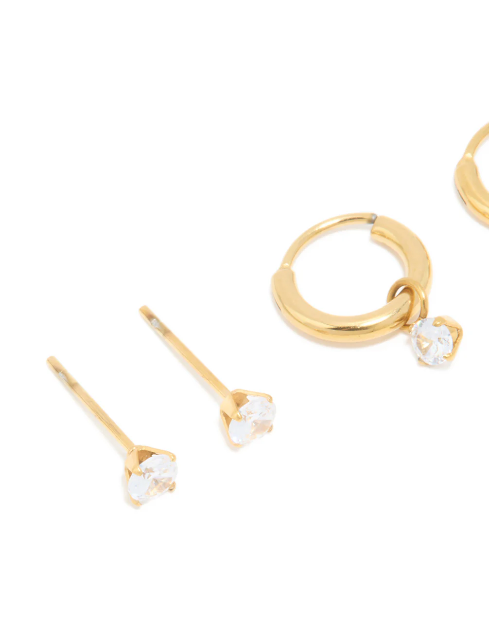 Waterproof Gold Plated Stainless Steel Cubic Zirconia Hoop & Stud Earrings 3-Pack - Image 4