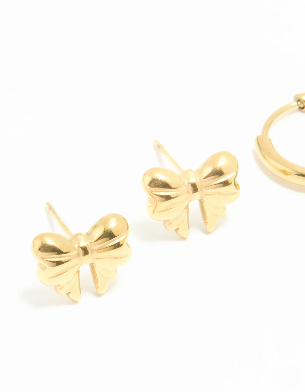 Waterproof Gold Plated Stainless Steel Cubic Zirconia Huggie & Bow Stud Earrings 2-Pack - Image 4