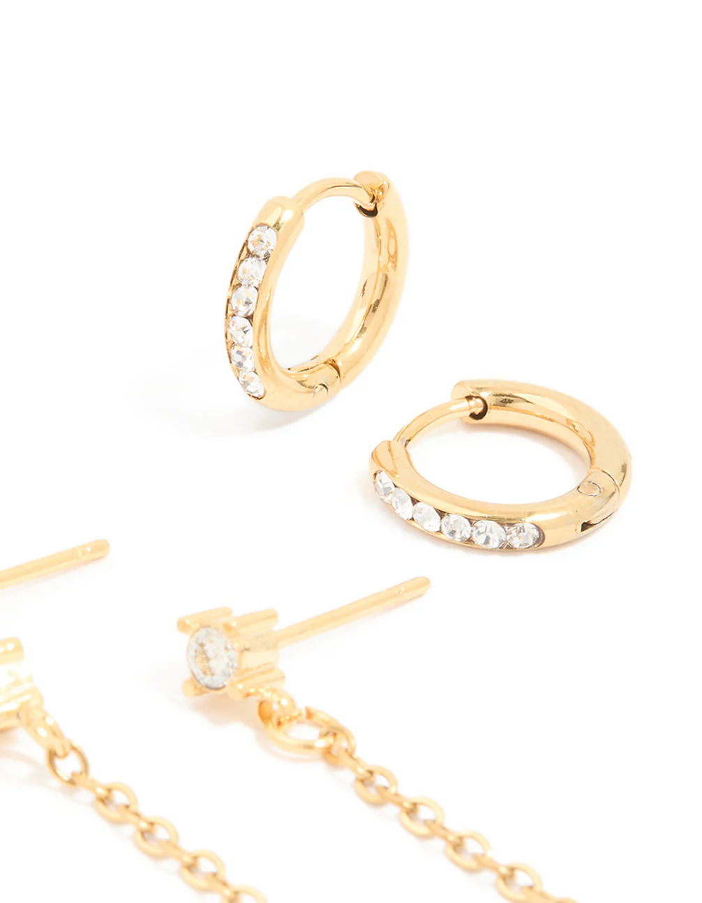 Waterproof Gold Plated Stainless Steel Cubic Zirconia Huggie & Chain Ear Stacking Pack - Image 5