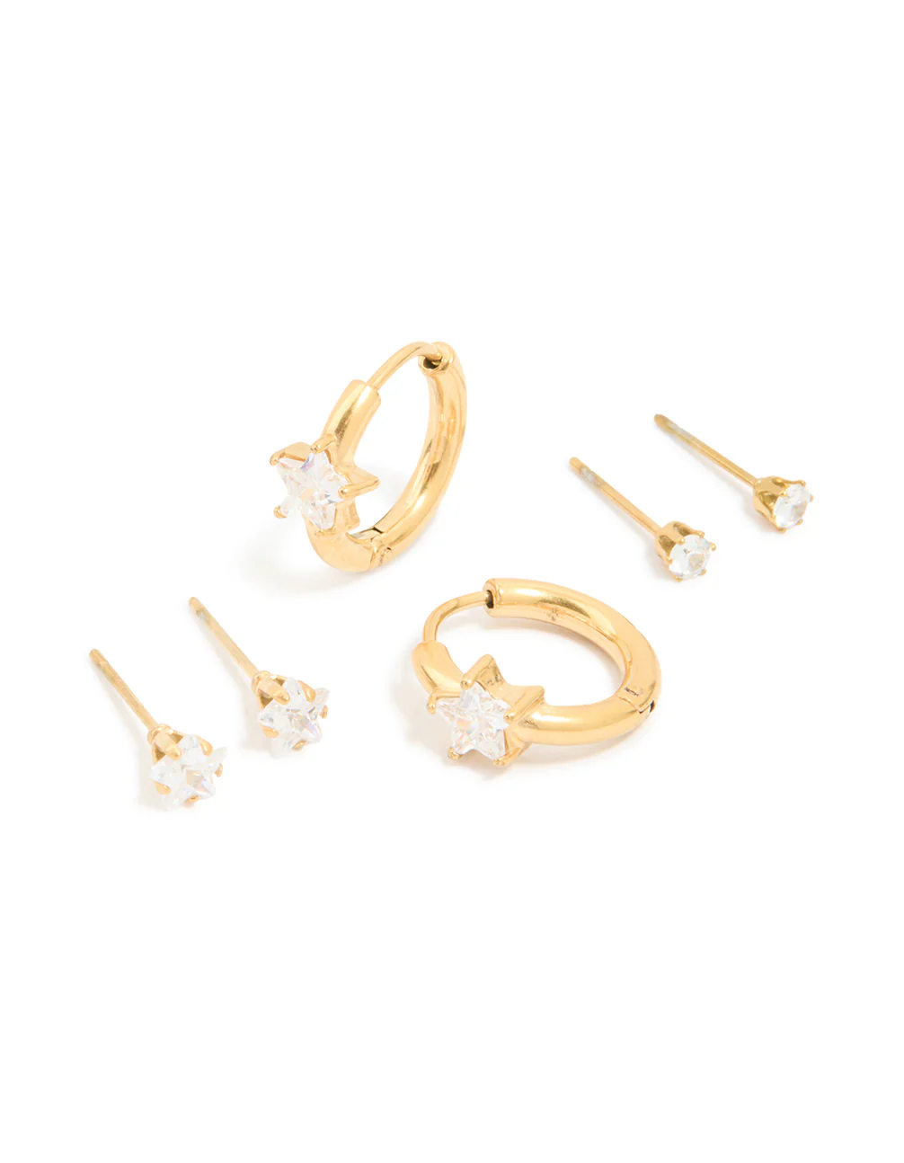 Waterproof Gold Plated Stainless Steel Cubic Zirconia Huggie & Stud Earrings 3-Pack - Image 2