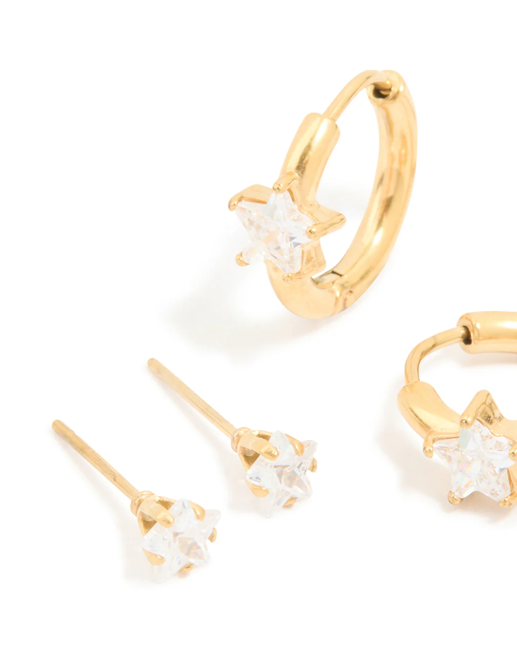 Waterproof Gold Plated Stainless Steel Cubic Zirconia Huggie & Stud Earrings 3-Pack - Image 4