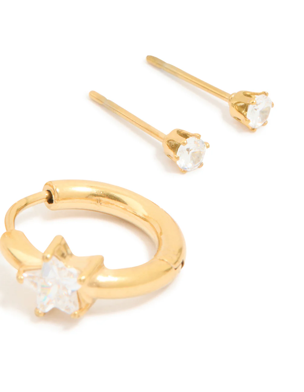 Waterproof Gold Plated Stainless Steel Cubic Zirconia Huggie & Stud Earrings 3-Pack - Image 5