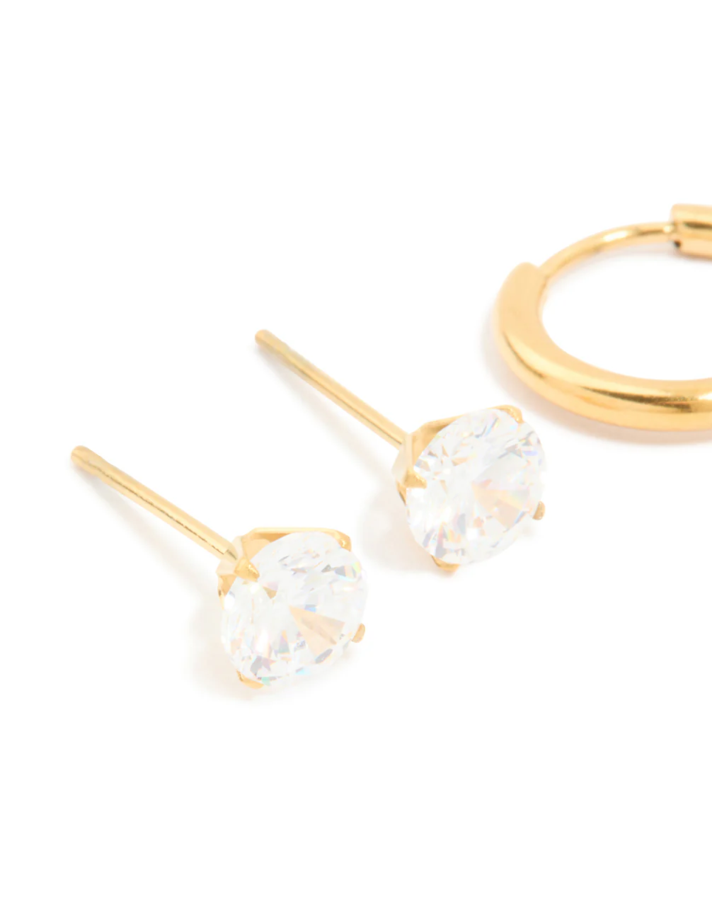 Waterproof Gold Plated Stainless Steel Cubic Zirconia Huggie & Stud Earrings 3-Pack - Image 4