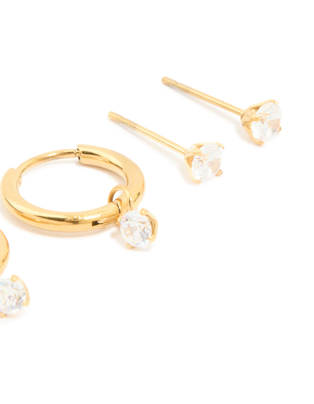 Waterproof Gold Plated Stainless Steel Cubic Zirconia Huggie & Stud Earrings 3-Pack - Image 5