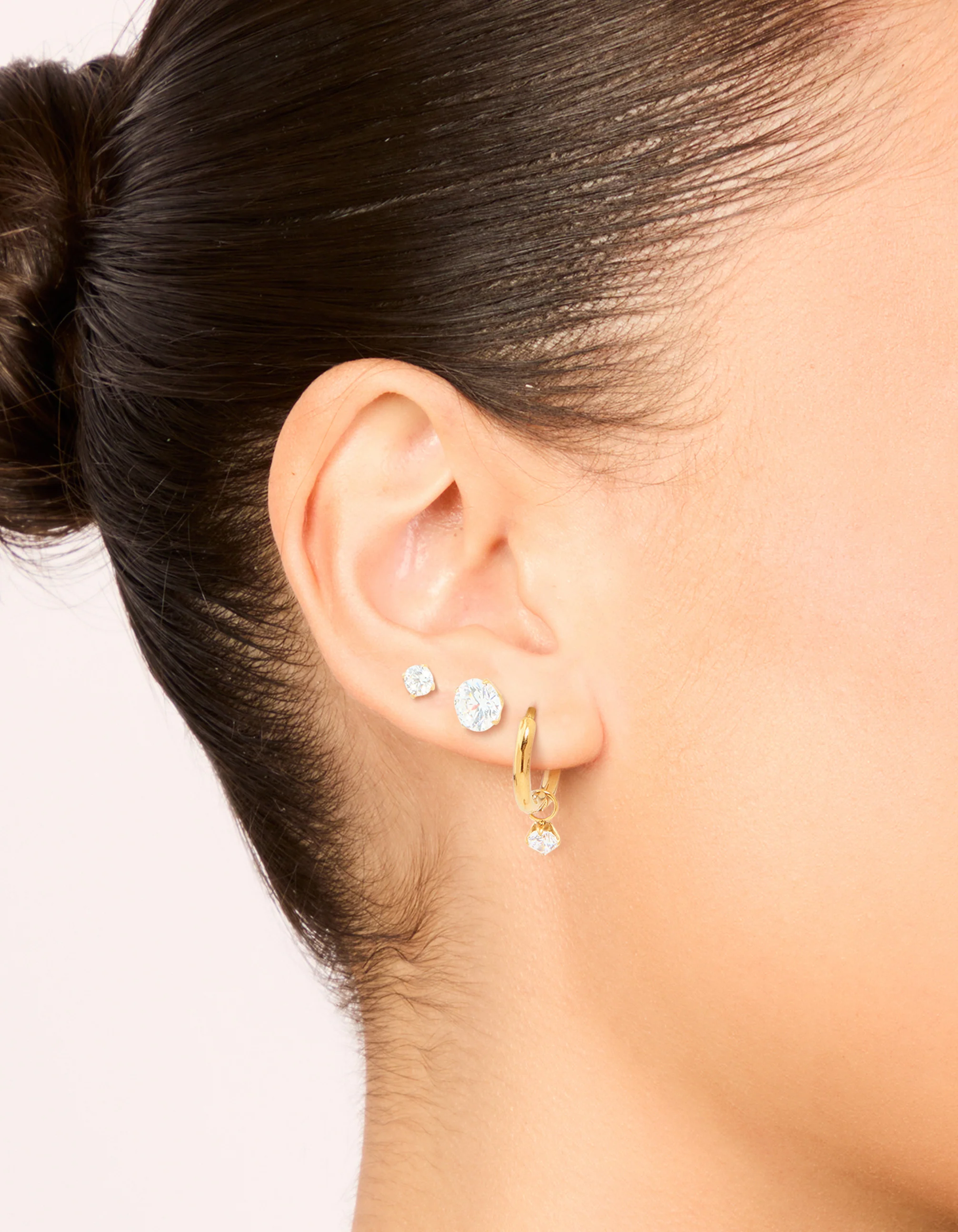 Waterproof Gold Plated Stainless Steel Cubic Zirconia Huggie & Stud Earrings 3-Pack - Image 6