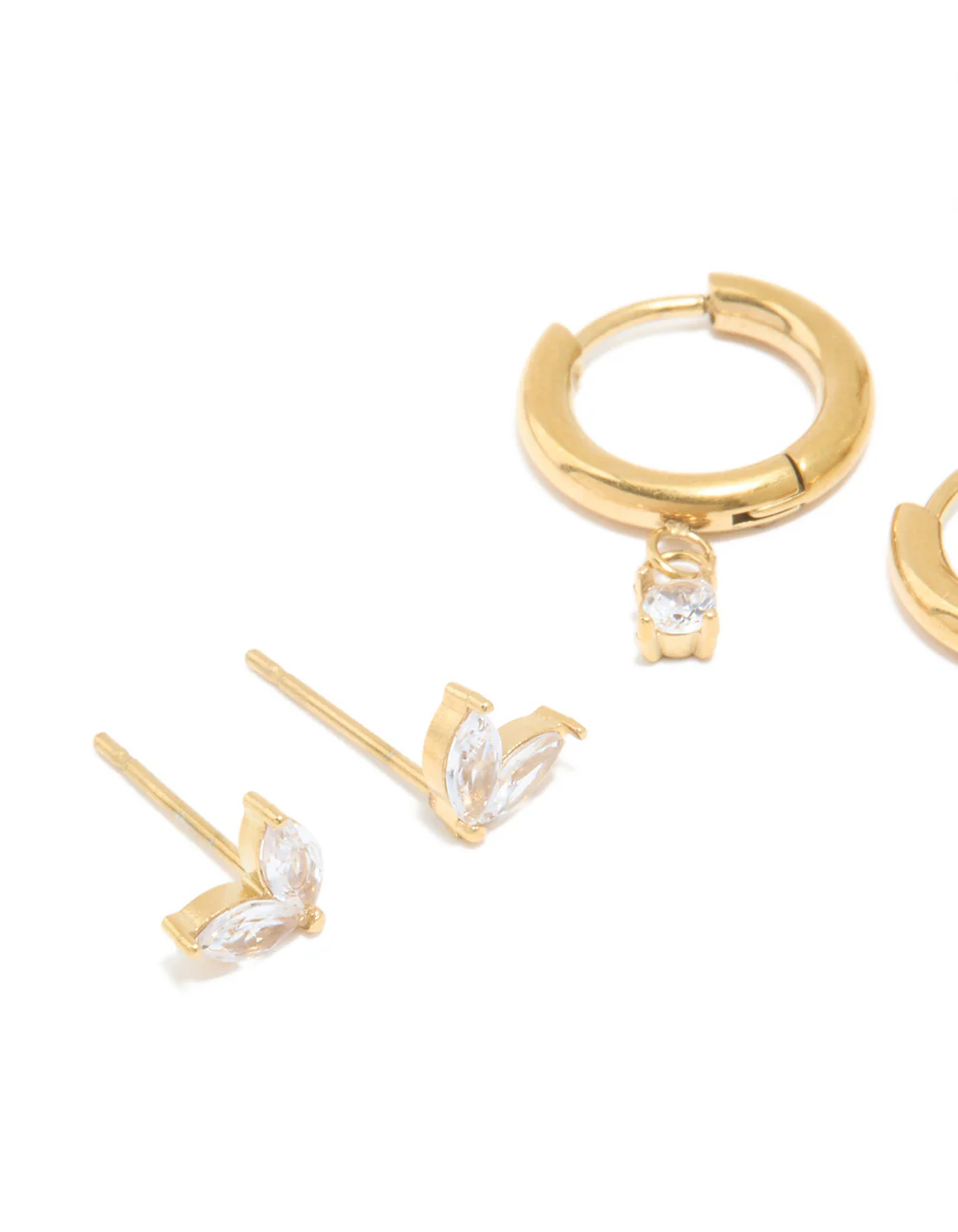 Waterproof Gold Plated Stainless Steel Cubic Zirconia Huggie & Stud Earrings Set - Image 2