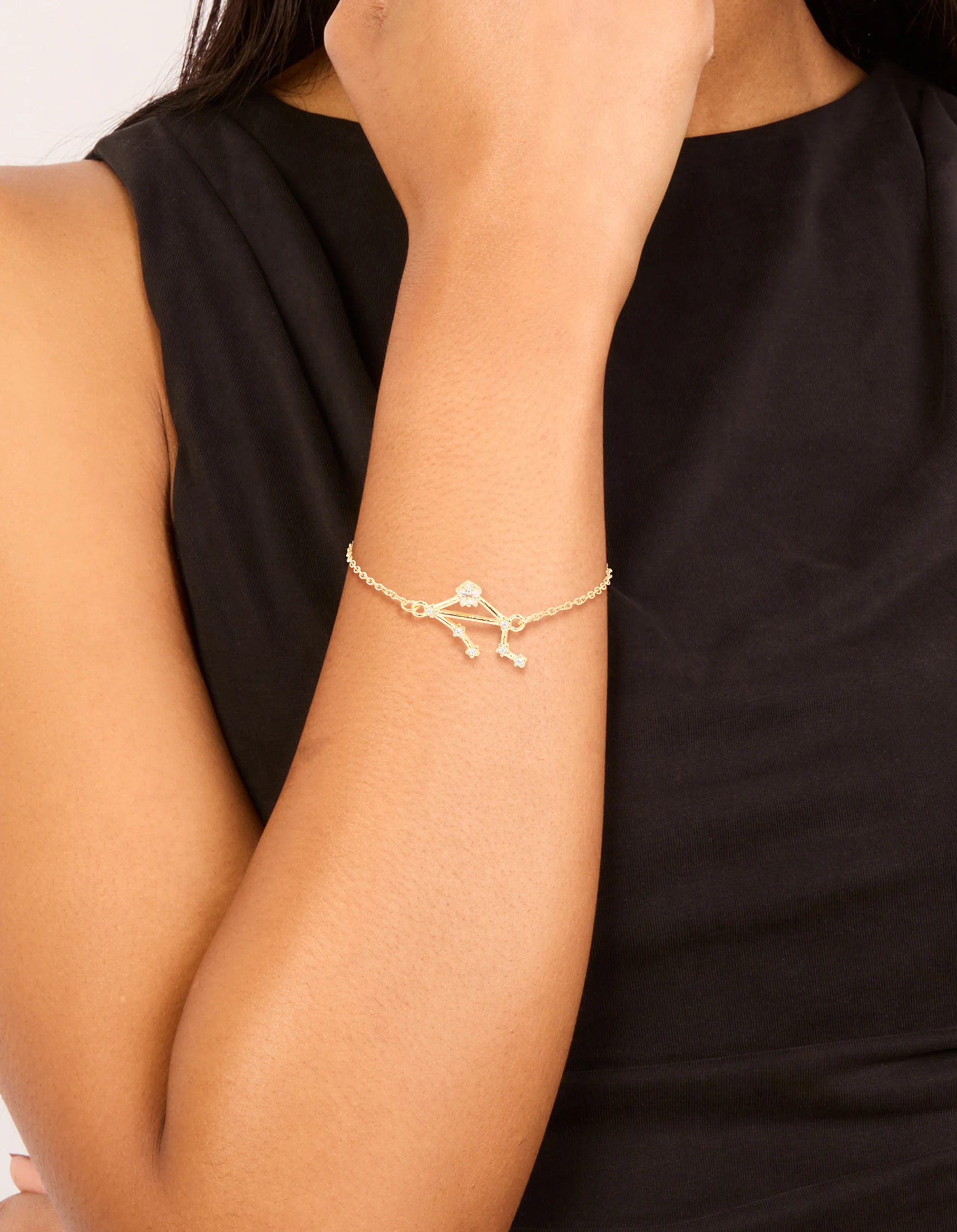 Waterproof Gold Plated Stainless Steel Cubic Zirconia Libra Zodiac Sign Bracelet - Image 2