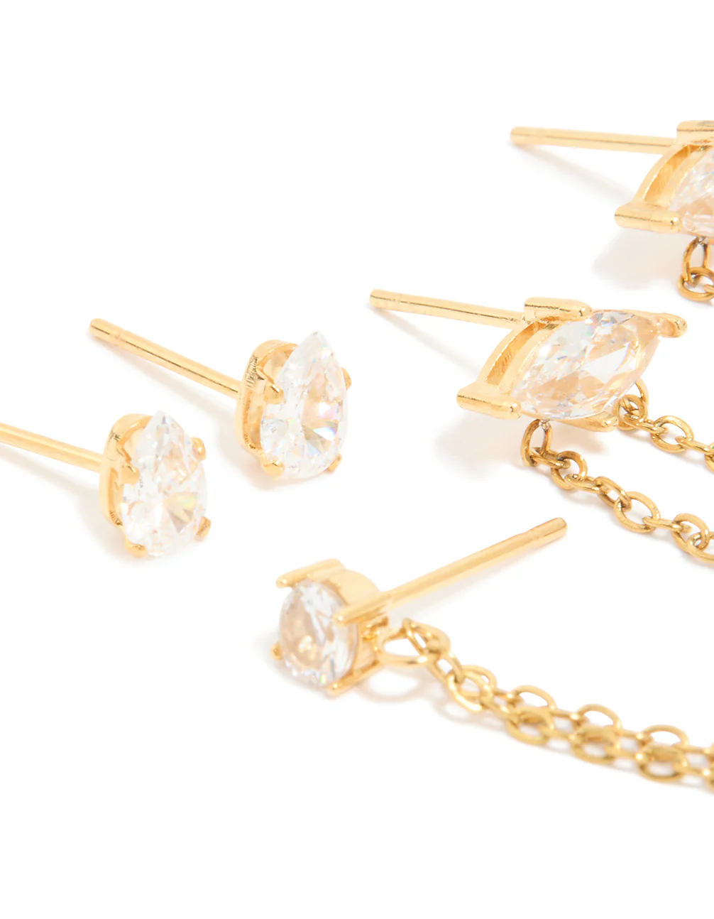 Waterproof Gold Plated Stainless Steel Cubic Zirconia Marquise Clicker & Studs 3-Pack - Image 2