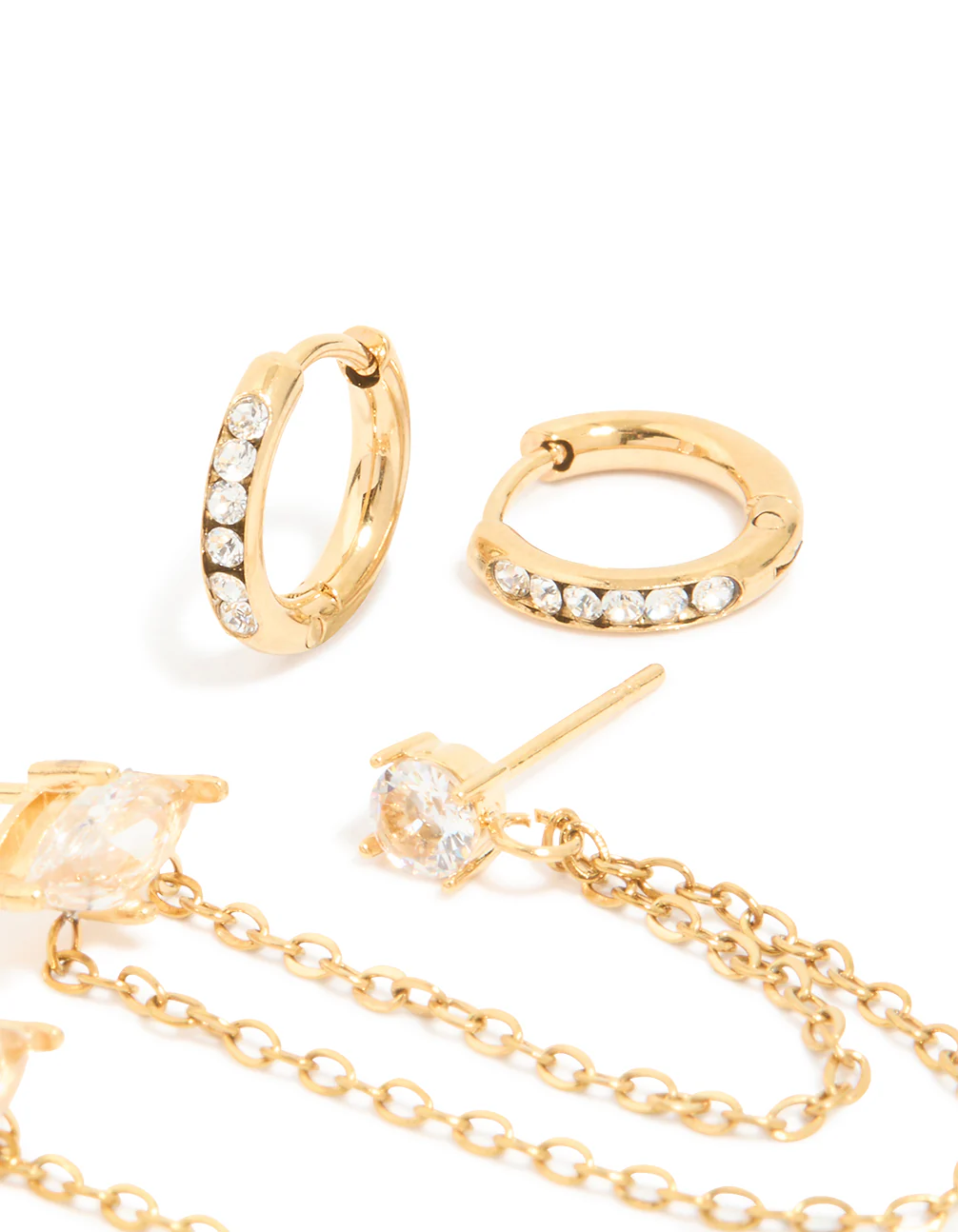 Waterproof Gold Plated Stainless Steel Cubic Zirconia Marquise Clicker & Studs 3-Pack - Image 3