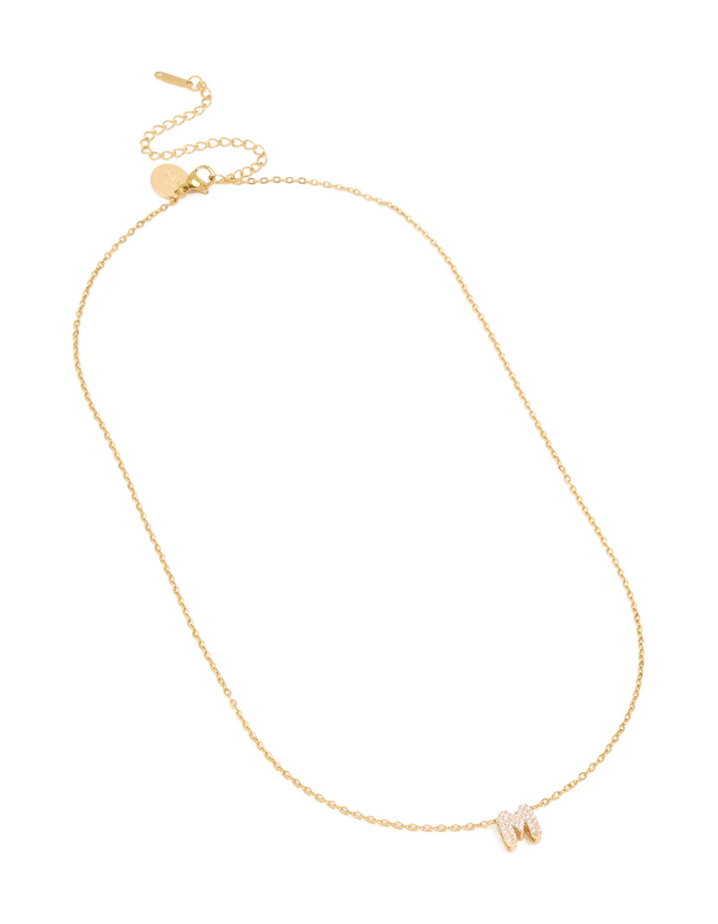 Waterproof Gold Plated Stainless Steel Cubic Zirconia Mini Pavé Letter M Necklace - Image 2
