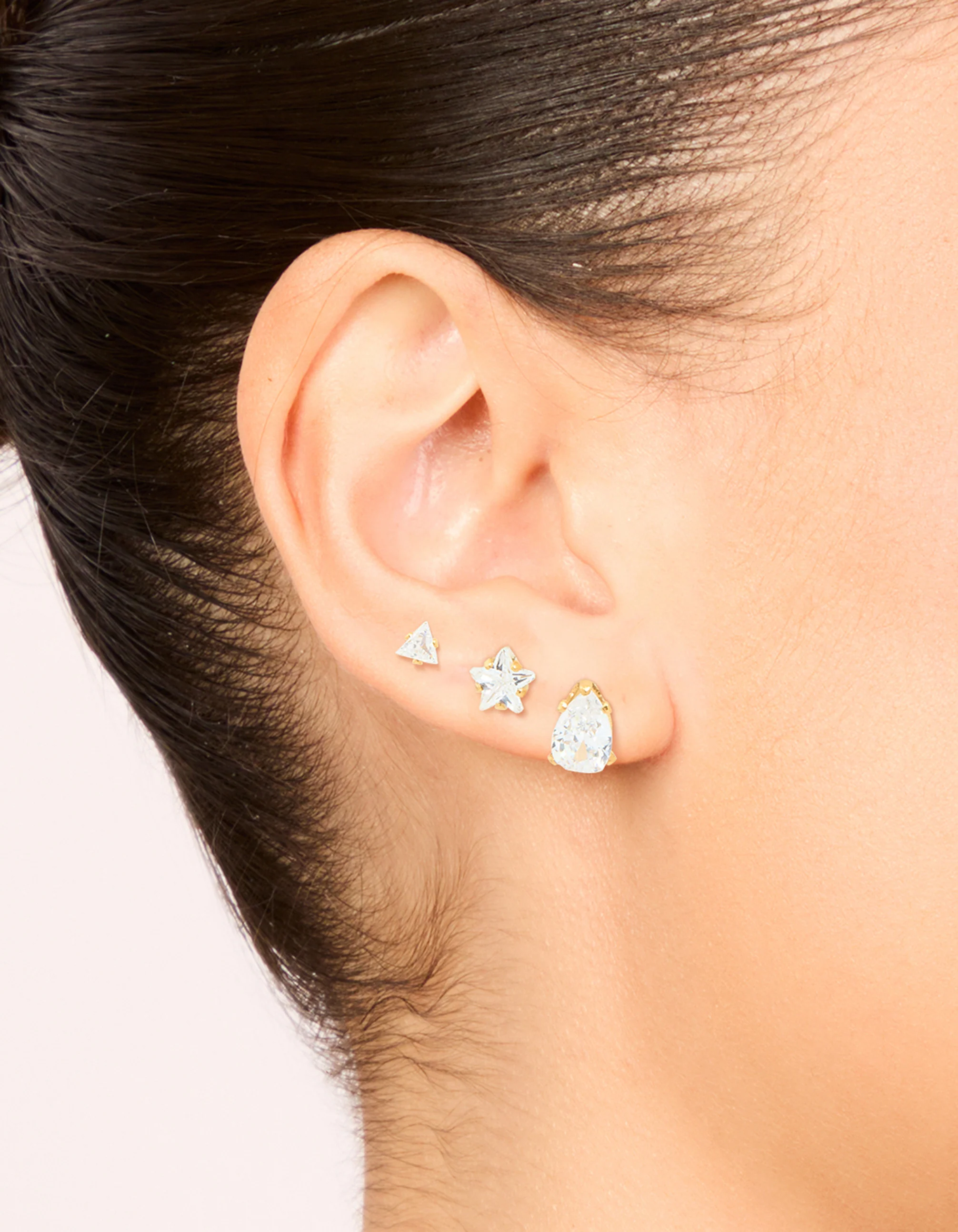 Waterproof Gold Plated Stainless Steel Cubic Zirconia Mixed Cut Stud Earrings 3-Pack - Image 4
