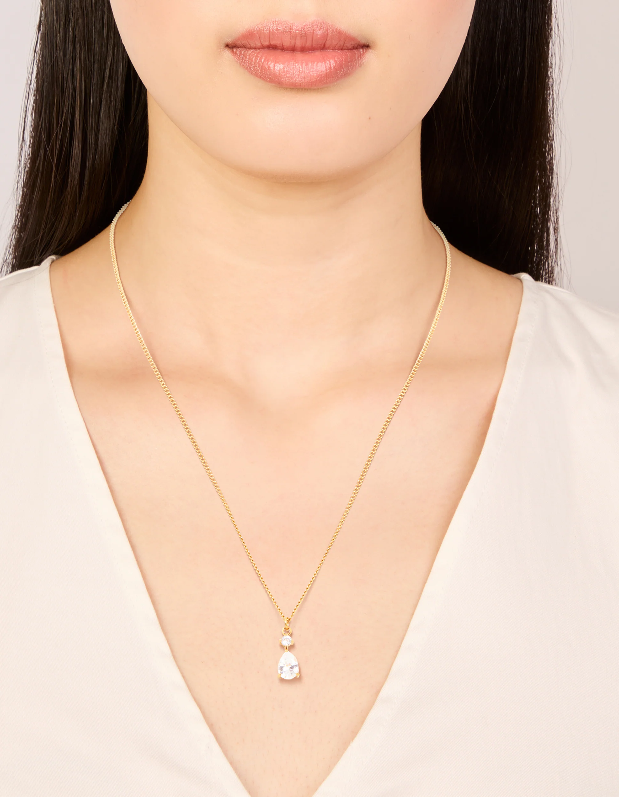 Waterproof Gold Plated Stainless Steel Cubic Zirconia Pear Pendant Necklace - Image 2