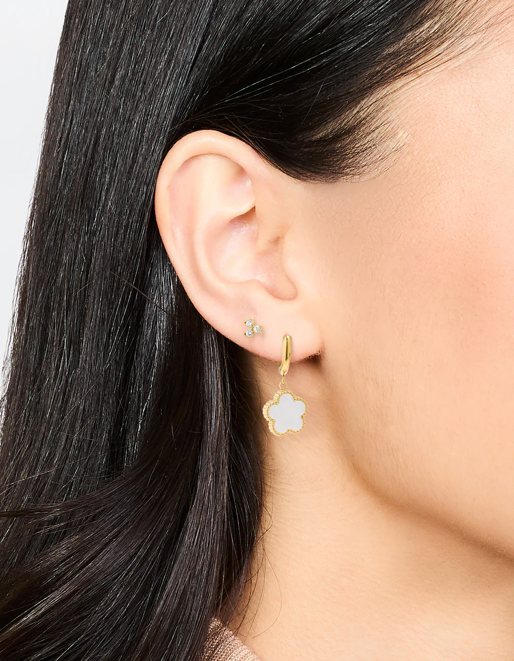 Waterproof Gold Plated Stainless Steel Cubic Zirconia Petal Earrings 2-Pack - Image 2