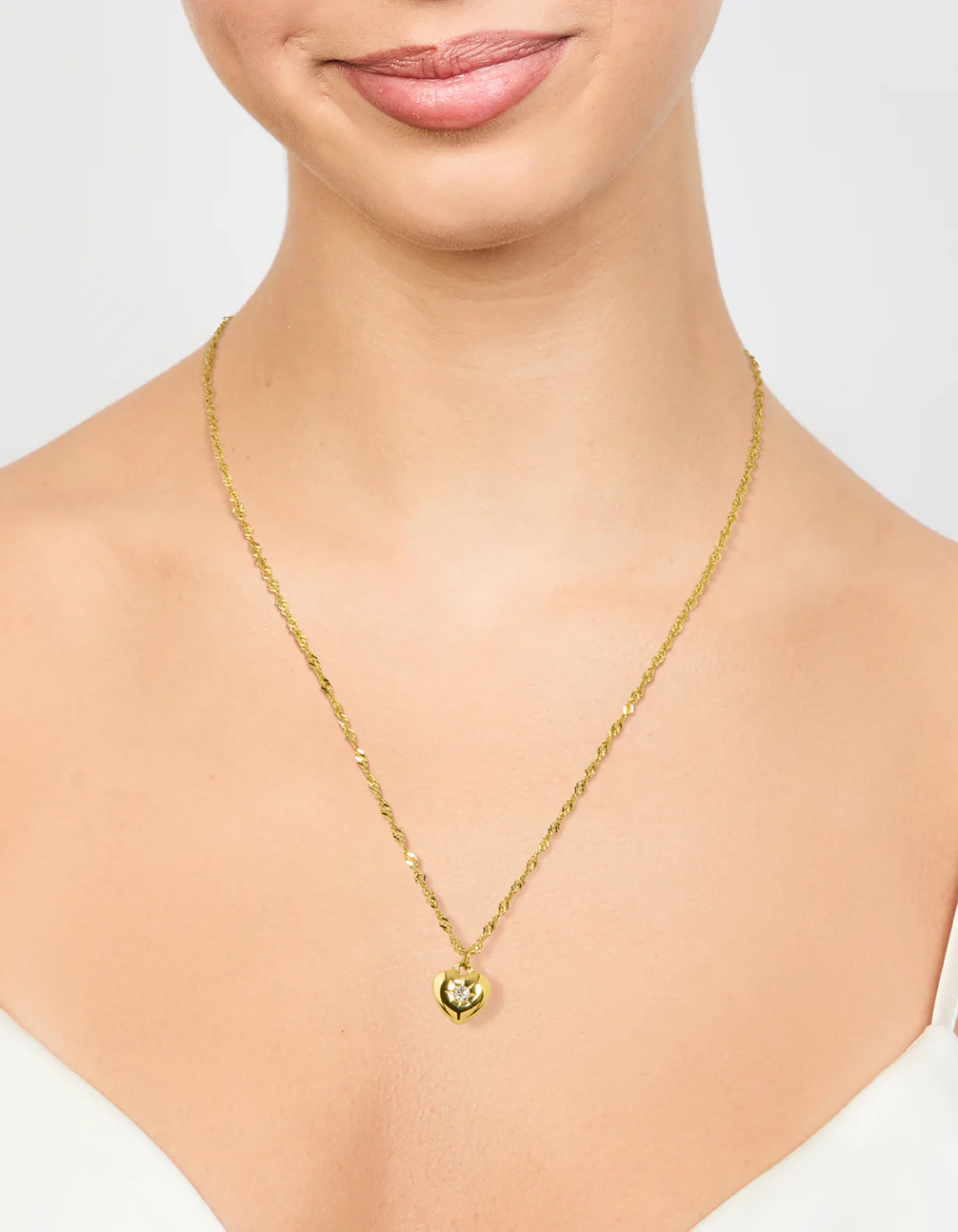 Waterproof Gold Plated Stainless Steel Cubic Zirconia Puffy Heart Necklace - Image 2
