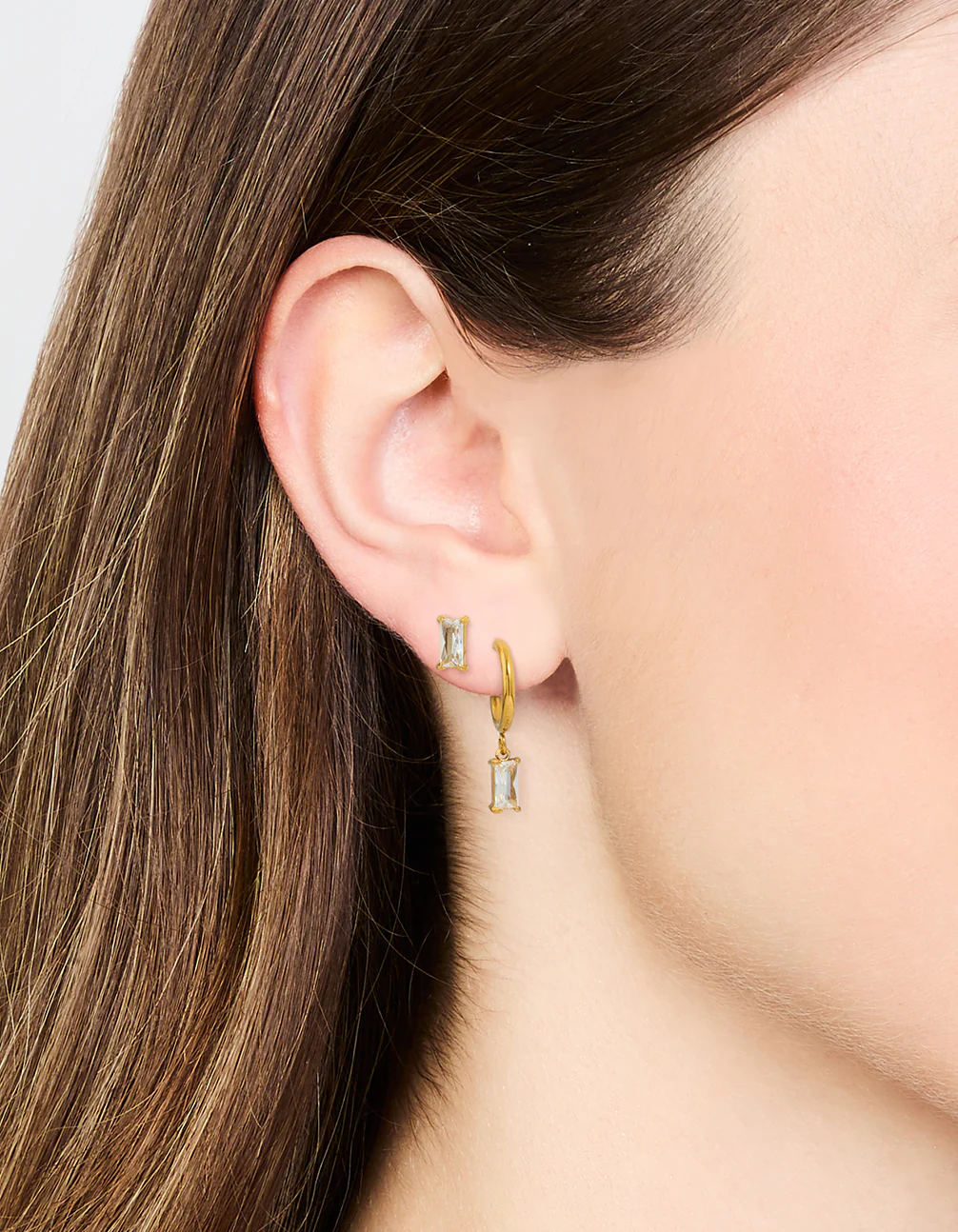Waterproof Gold Plated Stainless Steel Cubic Zirconia Rectangle Stud & Hoop Earrings 2-Pack - Image 2
