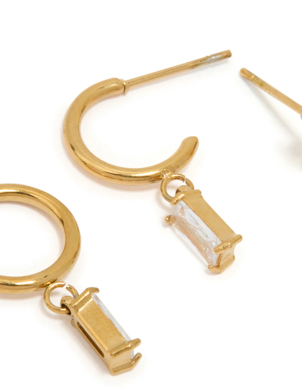 Waterproof Gold Plated Stainless Steel Cubic Zirconia Rectangle Stud & Hoop Earrings 2-Pack - Image 4