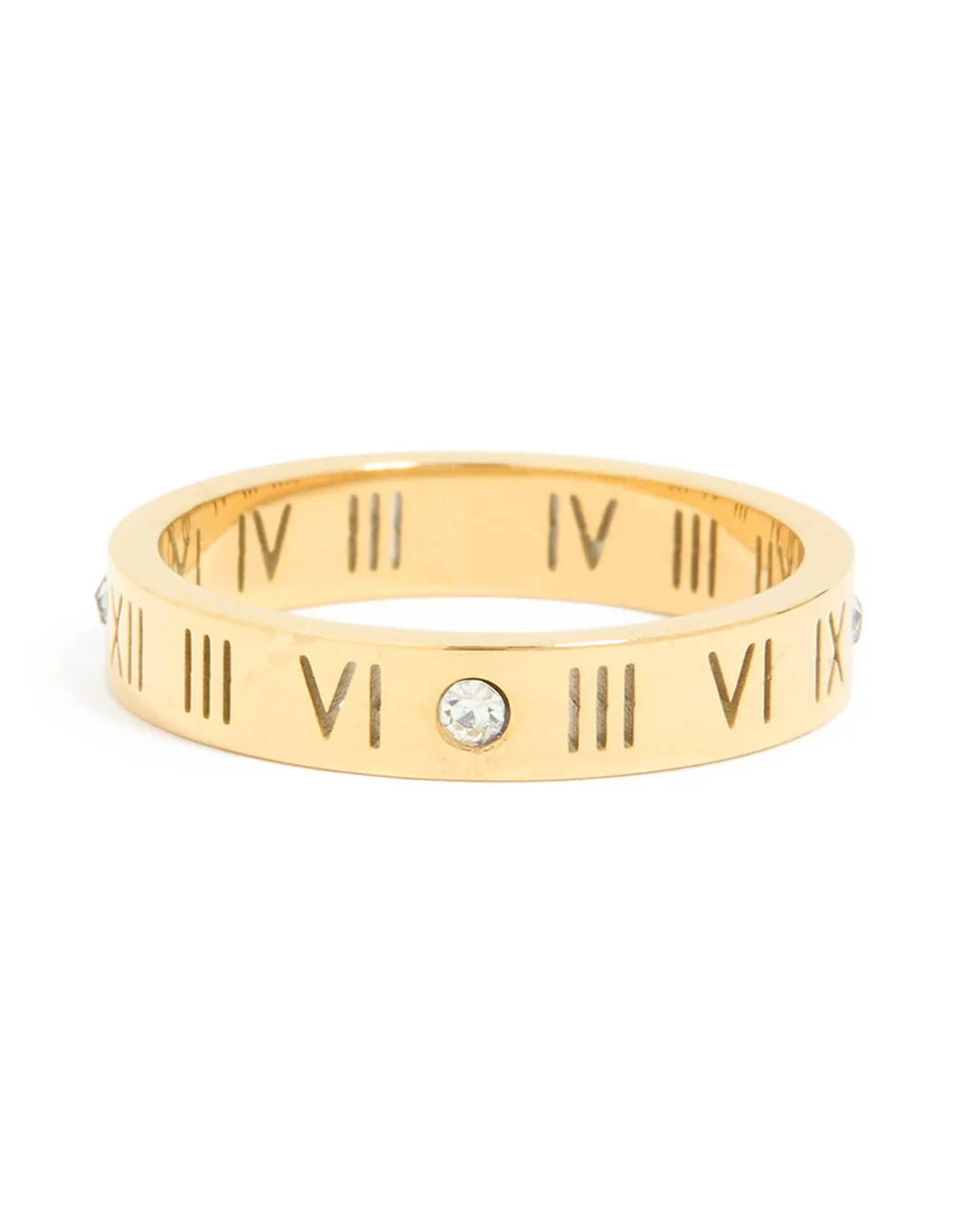 Waterproof Gold Plated Stainless Steel Cubic Zirconia Roman Numeral Band Ring - Image 3