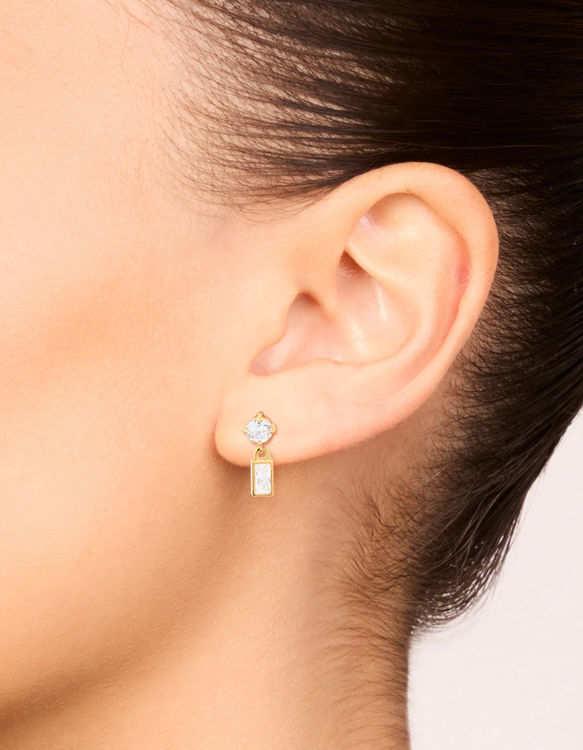 Waterproof Gold Plated Stainless Steel Cubic Zirconia Round & Baguette Drop Earrings - Image 2