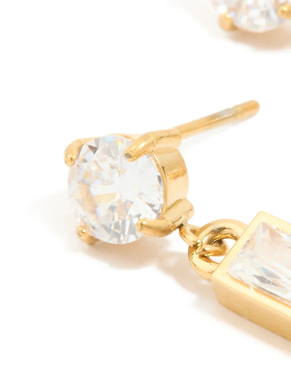 Waterproof Gold Plated Stainless Steel Cubic Zirconia Round & Baguette Drop Earrings - Image 4
