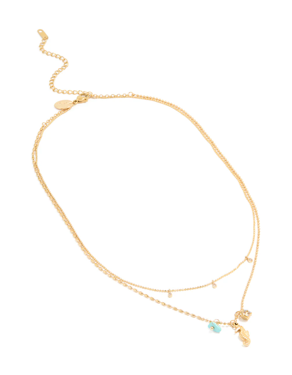 Waterproof Gold Plated Stainless Steel Cubic Zirconia & Seahorse Layered Necklace - Image 2
