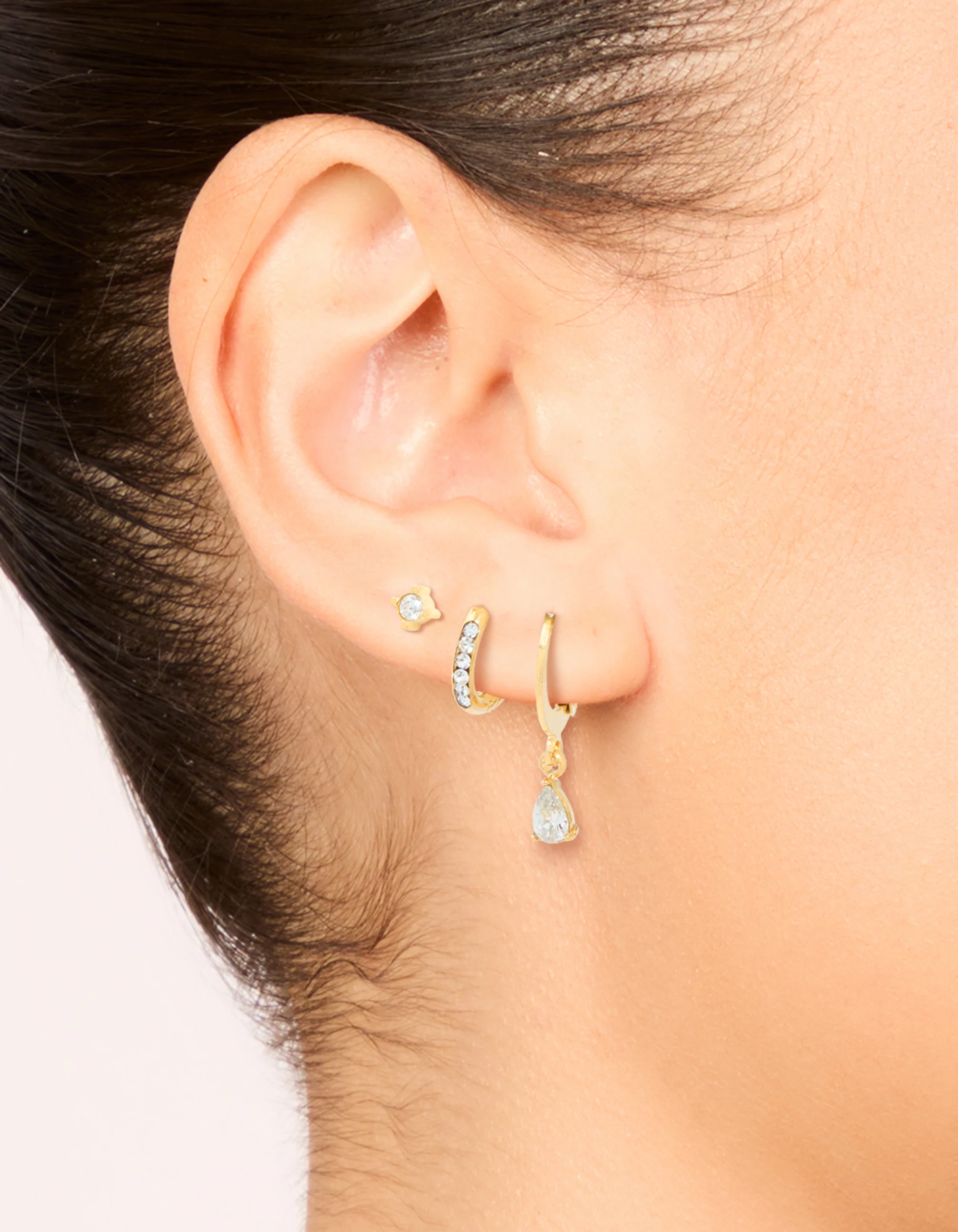 Waterproof Gold Plated Stainless Steel Cubic Zirconia Simple Stud & Huggie Earrings 3-Pack - Image 2