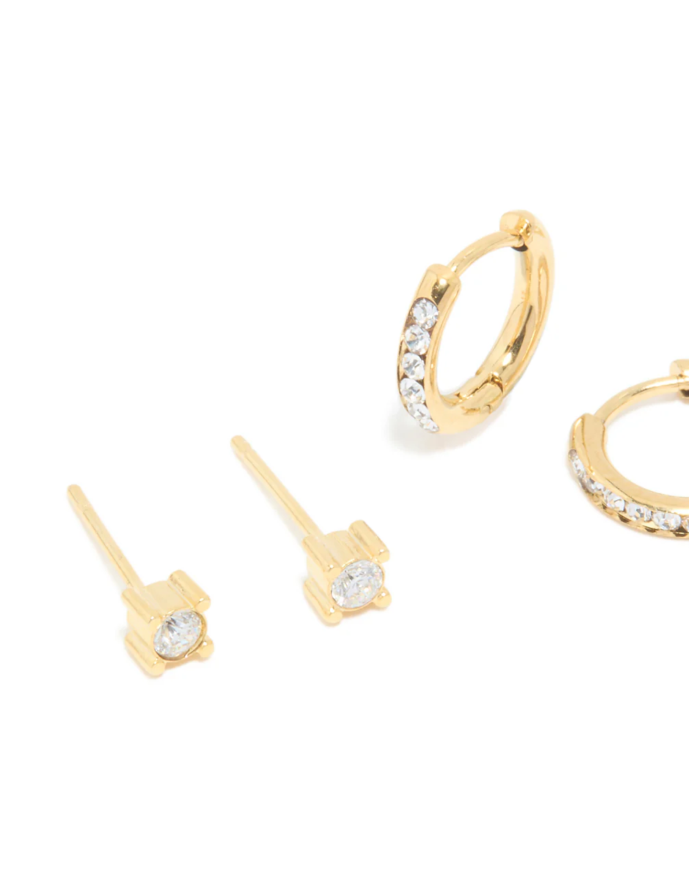 Waterproof Gold Plated Stainless Steel Cubic Zirconia Simple Stud & Huggie Earrings 3-Pack - Image 4